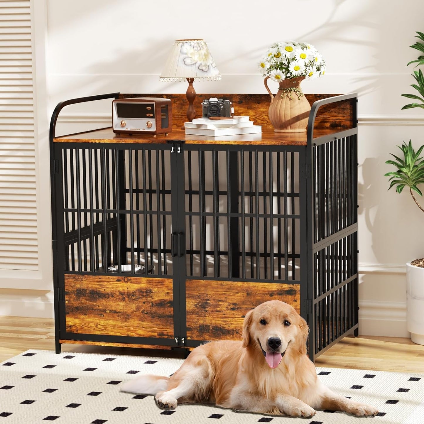41 in Dog Crate Furniture, Medium Dog Kennel Indoor with Adjustable Bowls, Wooden Dog Cage Table Decorative for Small, Medium, Dog, Brown 41" L X 24" W X 36" H