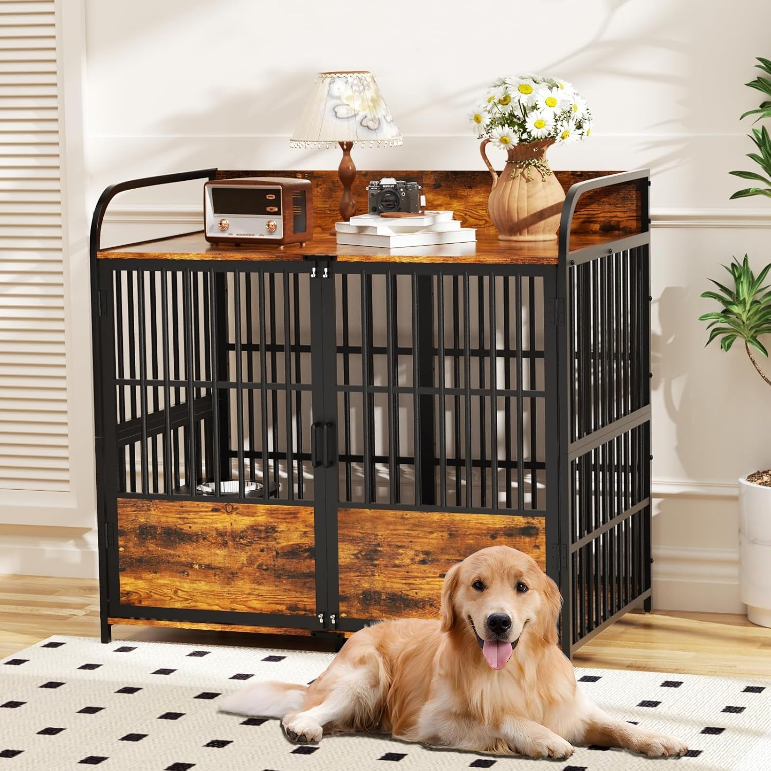 41 in Dog Crate Furniture, Medium Dog Kennel Indoor with Adjustable Bowls, Wooden Dog Cage Table Decorative for Small, Medium, Dog, Brown 41" L X 24" W X 36" H