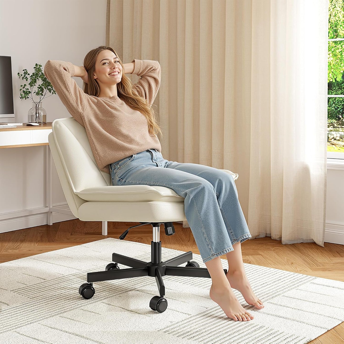 Criss Cross Chair with Wheels,Cross Legged Office Chair with 2 Layer Comfty Leather & Back,Armless Wide Vanity Chair for Home Office,Beige