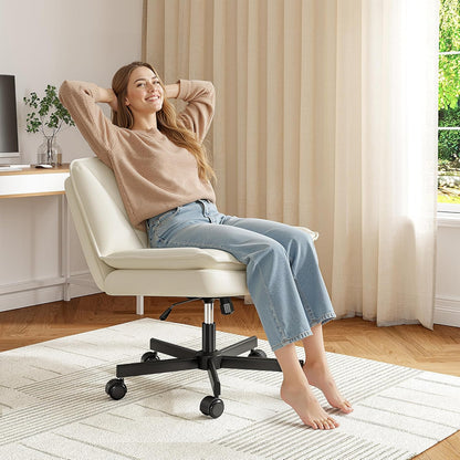Criss Cross Chair with Wheels,Cross Legged Office Chair with 2 Layer Comfty Leather & Back,Armless Wide Vanity Chair for Home Office,Beige