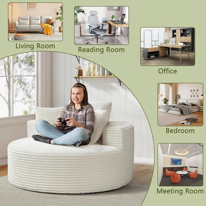 56''Oversized round Chair Lounge Chaise Indoor, Modern Upholstered Corduroy Cloud Circle Chair with Deep Seat, Comfy Fluffy Sleeper Sofa for Living Room Bedroom No Assembly Required (Beige)
