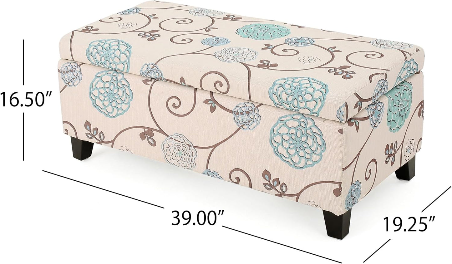 Breanna Fabric Storage Ottoman, White and Blue Floral