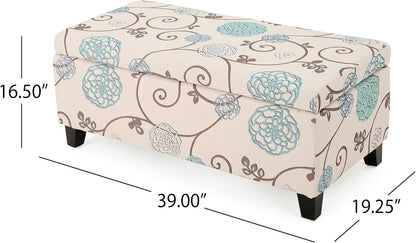 Breanna Fabric Storage Ottoman, White and Blue Floral