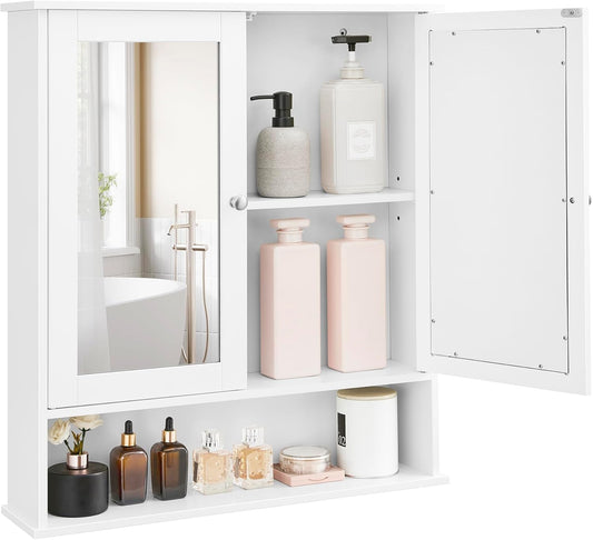 Bathroom Cabinet with Mirror, Wall Cabinet with 2 Mirrored Doors, Adjustable Shelf, Open Compartment, Wall-Mounted, 5.9 X 25.6 X 29.5 Inches, White ULHC012W01