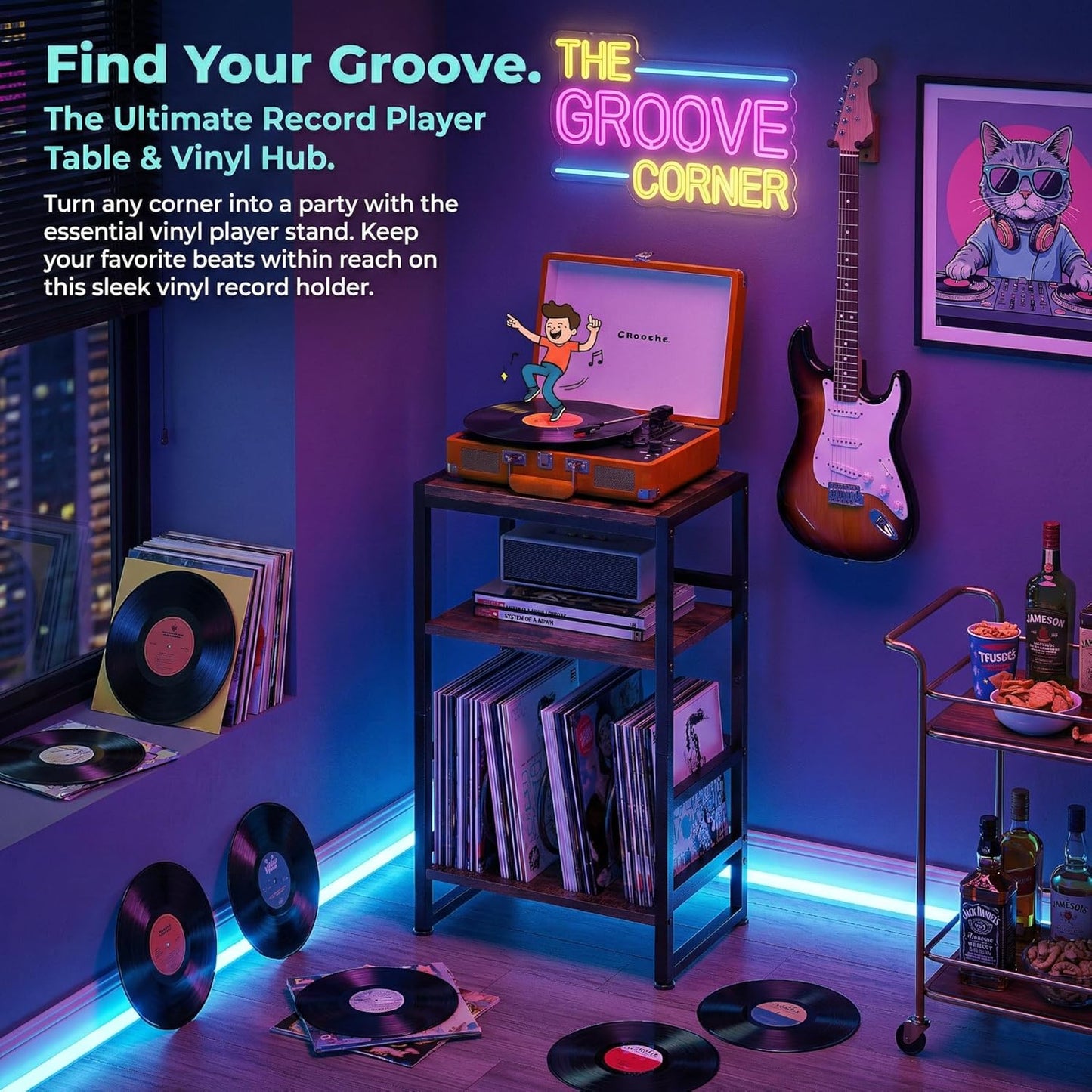 Record Player Stand,3-Tier Record Player Table with U-Shaped Vinyl Storage up to 120 Albums,28" H End Table Turntable Stand with Storage,Record Table Vinyl for Living Room Bedroom