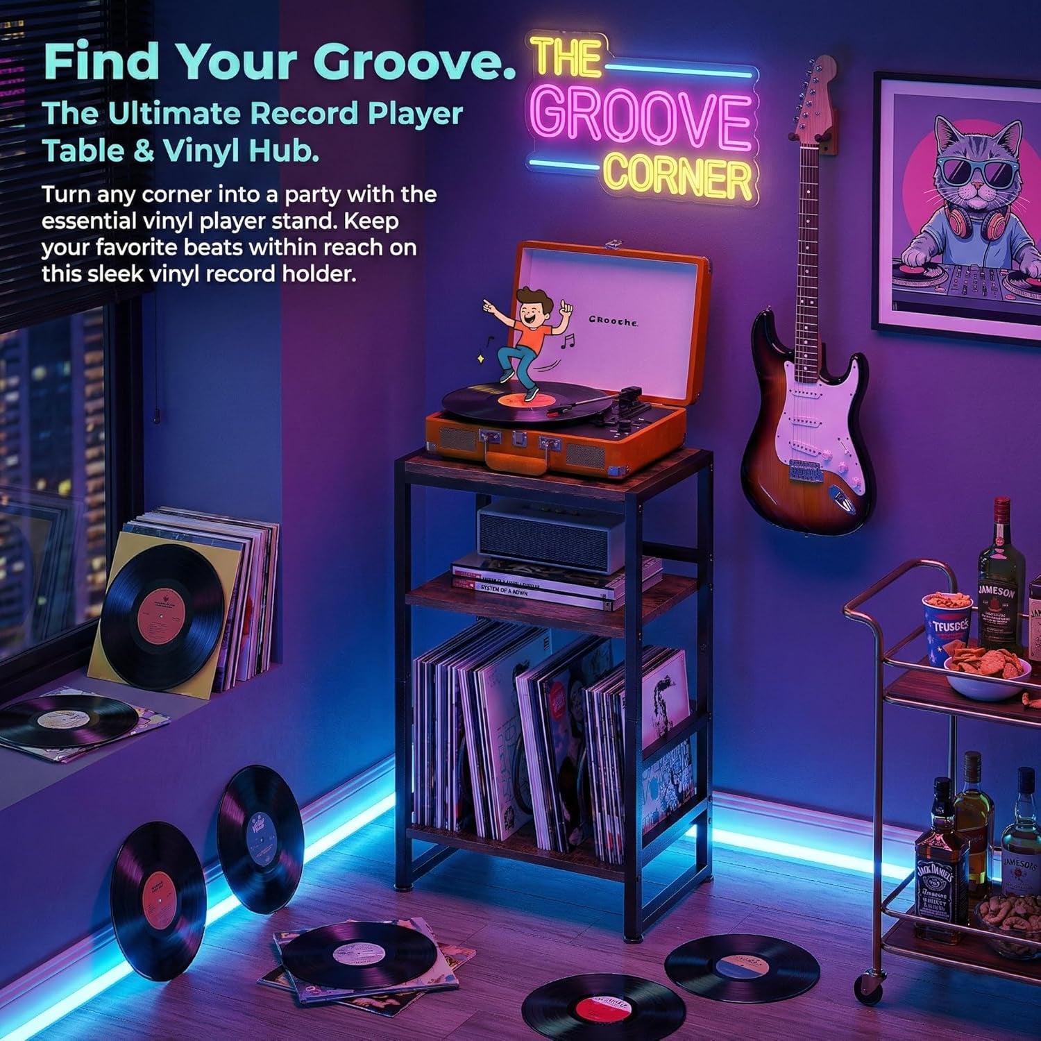 Record Player Stand,3-Tier Record Player Table with U-Shaped Vinyl Storage up to 120 Albums,28" H End Table Turntable Stand with Storage,Record Table Vinyl for Living Room Bedroom