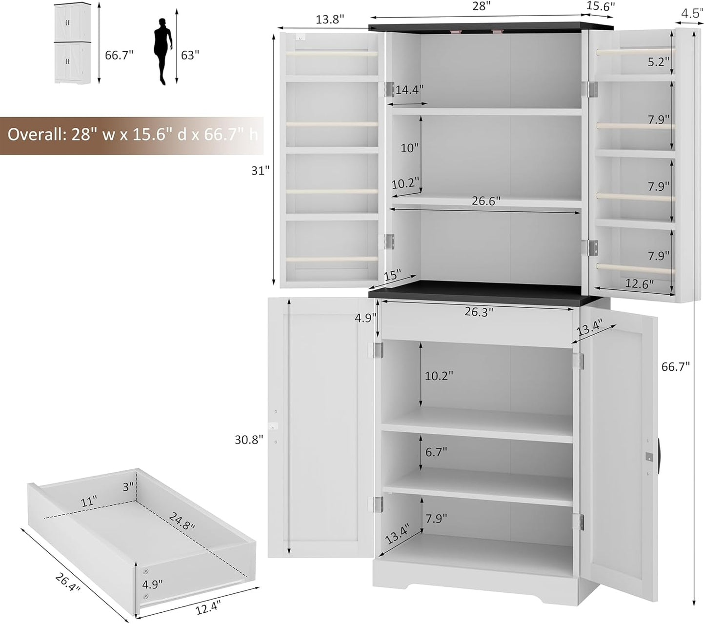 Kitchen Pantry Cabinet, Freestanding Farmhouse Storage Cabinet with 8 Door Shelves, 2 Cabinets and 1 Drawer, Tall Cupboard for Kitchen, Living Room, Dining Room and Bathroom, White