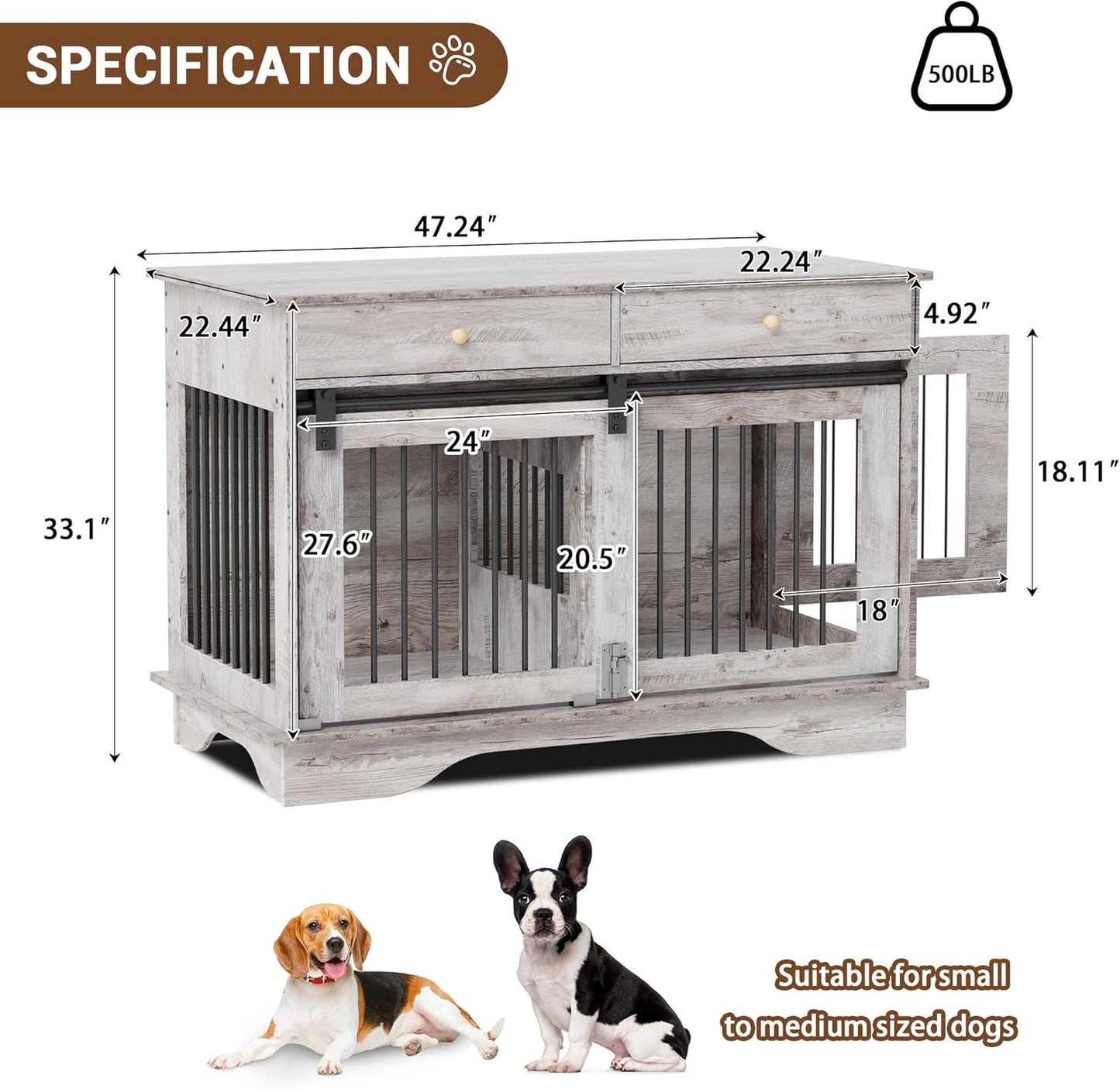Dog Furniture Crate, 47" Large Dog Crate Furniture W/ 2 Storage Draws & Removable Divider for Large/Medium/Small Dogs (Grey, One Cage)