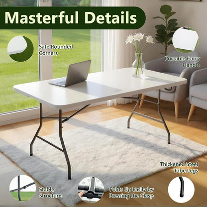 Folding Table 6Ft - Heavy Duty Plastic Table with Handle, Foldable & Portable, Fold-In-Half Utility Tables for Outdoor, Dining, Wedding, Events, Indoor, Picnic, Camping, Party (White)
