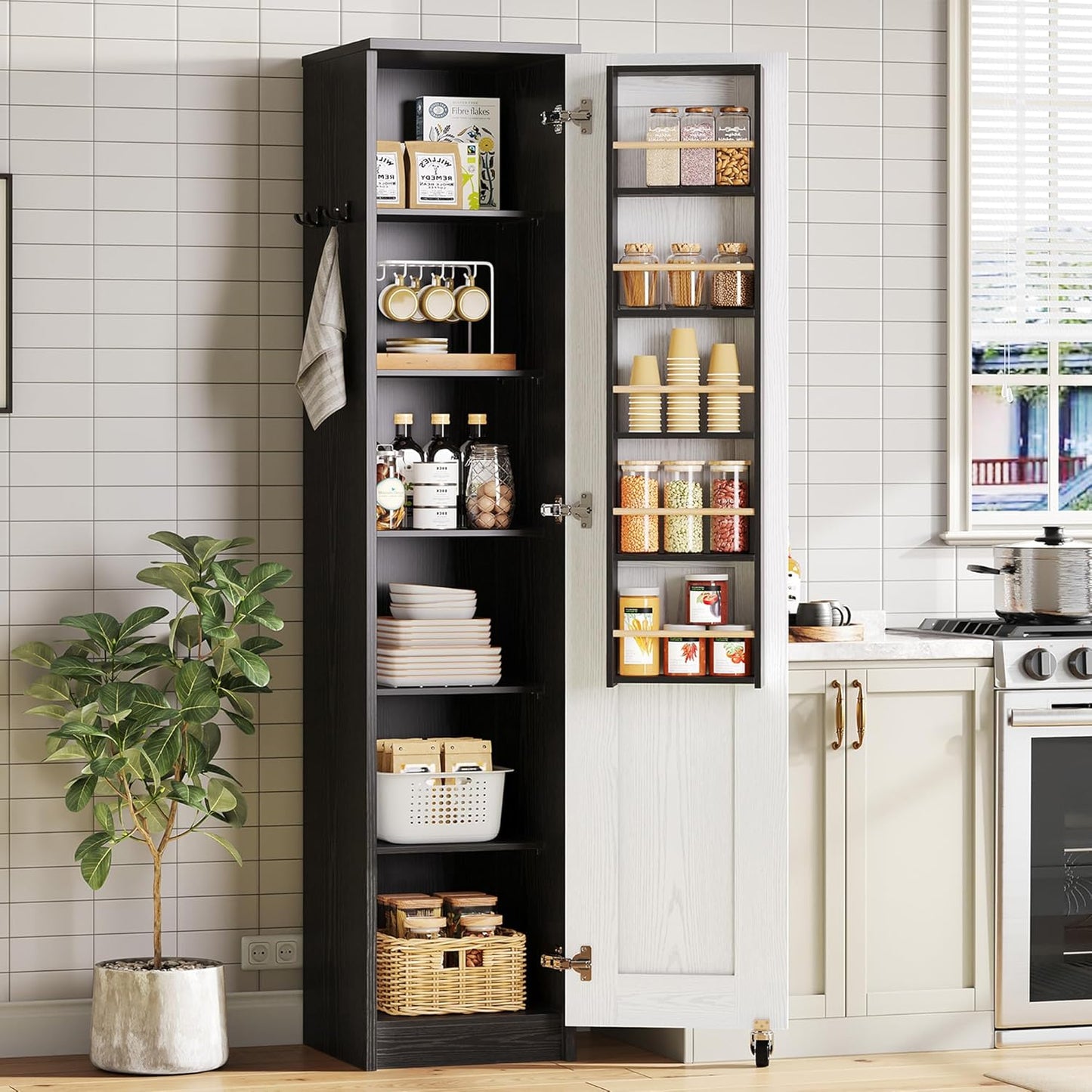 Small Kitchen Pantry Cabinet 72" for Narrow Space, with Single Door and Adjustable Shelves, Freestanding Tall Storage Cabinet for Living Room, Bathroom, Black and White