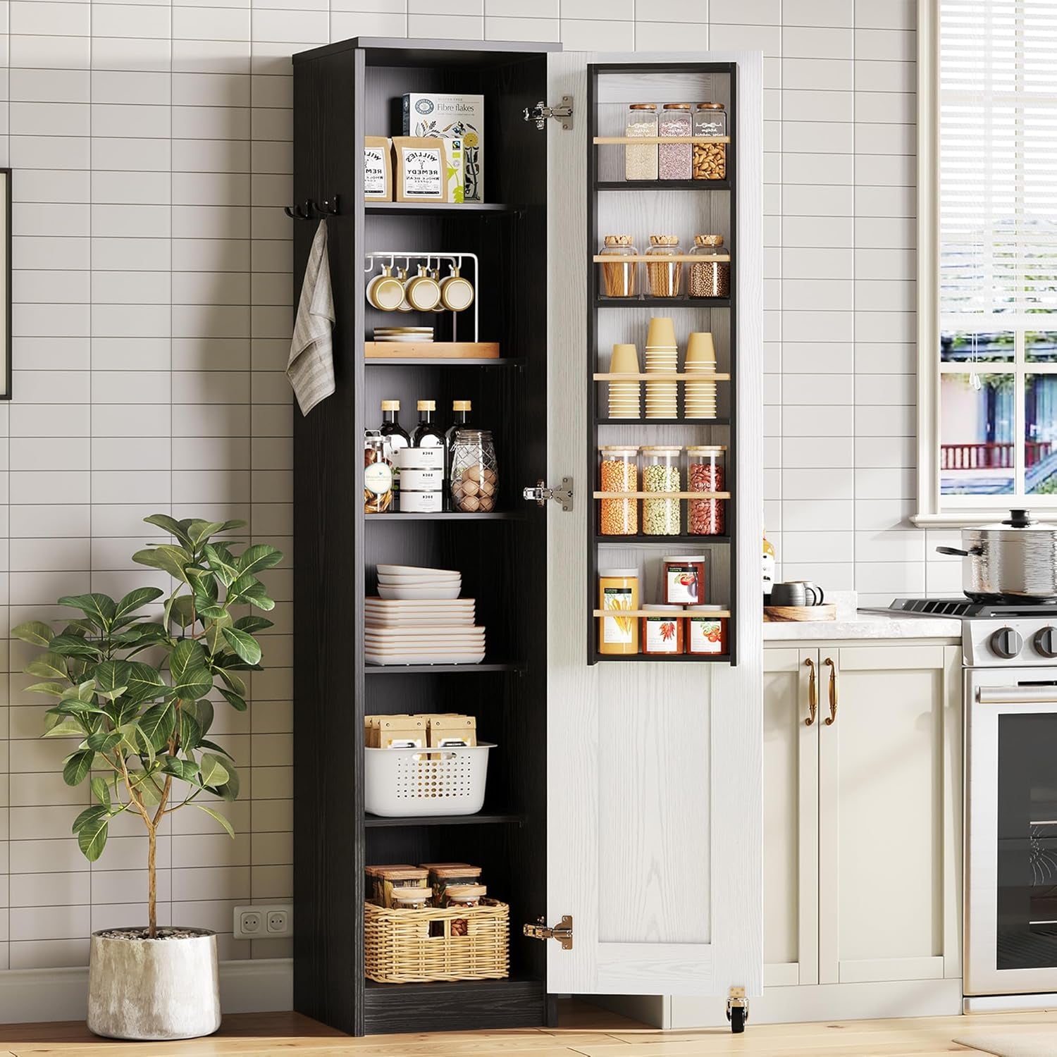 Small Kitchen Pantry Cabinet 72" for Narrow Space, with Single Door and Adjustable Shelves, Freestanding Tall Storage Cabinet for Living Room, Bathroom, Black and White