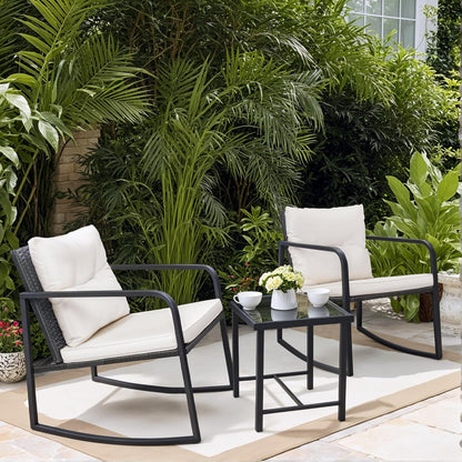 3 Pieces Rocking Wicker Bistro Set, Patio Outdoor Furniture Conversation Sets with Porch Chairs and Glass Coffee Table, Beige
