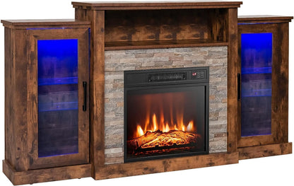 Electric Fireplace TV Stand for Tvs up to 65’’, TV Console with 16-Color LED Light, Adjustable Glass Shelves, 19’’ Fireplace Insert with Remote & APP Control, Entertainment Center (Brown)