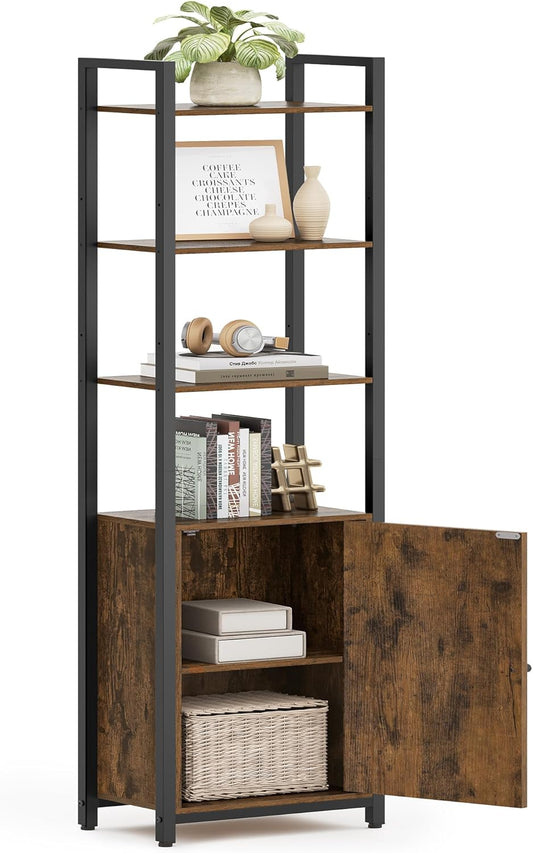 6-Tier Bookshelf, Tall Bookcase with Cabinet, Steel Frame, Adjustable Shelves, 9.4 X 15.7 X 62.8 Inches, Living Room Bedroom, Rustic Brown and Ink Black ULLS132K01