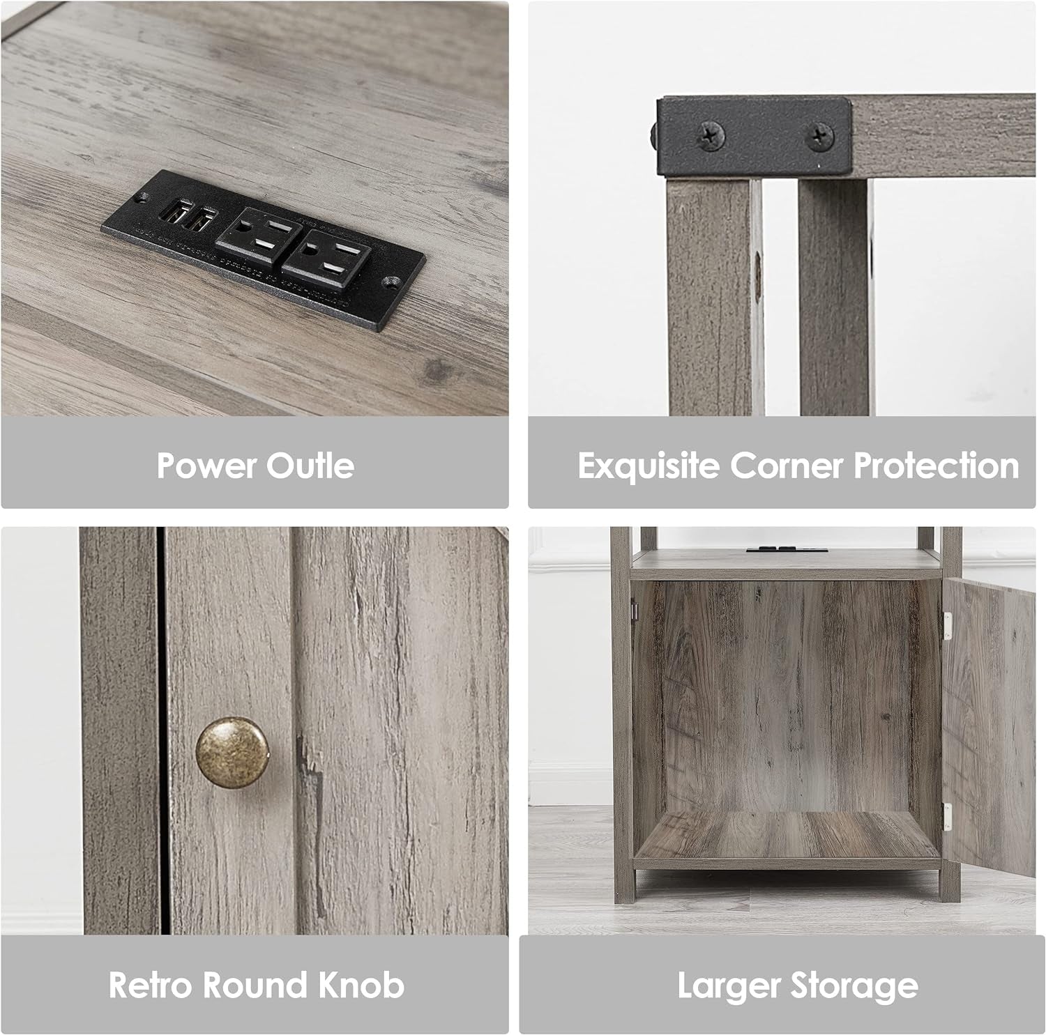 Farmhouse Nightstand with Charging Station, Rustic End Table Bedroom with Storage Living Room Side Table Grey Night Stand Industrial Bedside Bed Table with USB Ports and Outlets