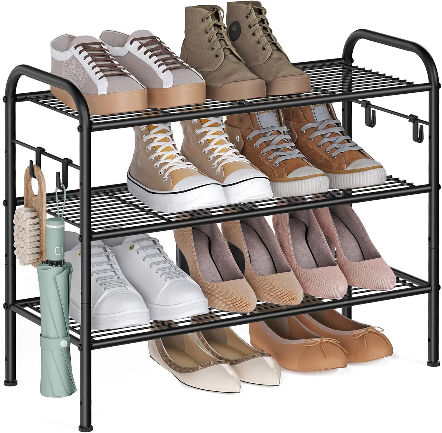 Shoe Rack, 2-Tier Shoe Organizer, Metal Shoe Shelf Storage with 4 Side Hooks, Holds 12 Pairs of Shoes, Height-Adjustable Shoe Rack for Entryway, Hallway, Closet, Easy Assembly, Ink Black