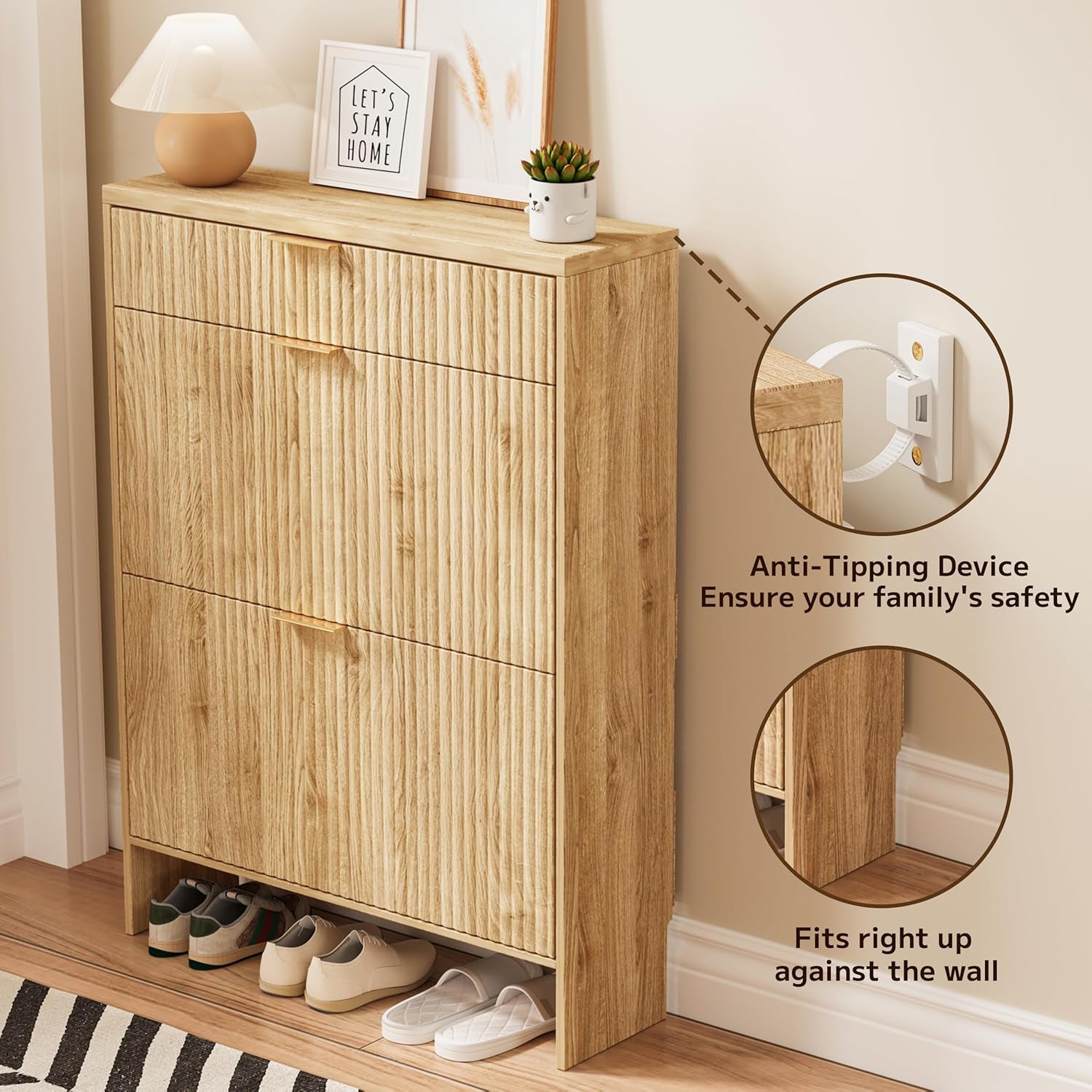 Fluted Shoe Cabinet Storage with 2 Flip Drawers & 1 Drawers, Wood Narrow Hidden Shoe Cabinet with Adjustable Shelf for Entryway, Freestanding Slim Shoe Rack Organizer for Foyer Hallway Living Room