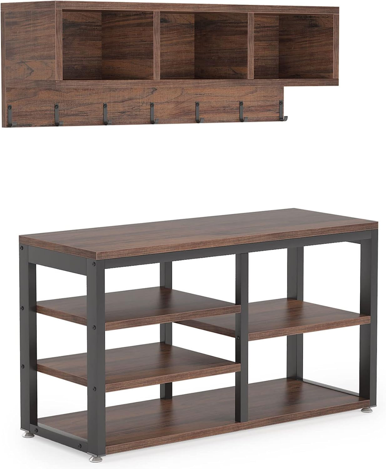 Industrial [Shoe] [Rack] [Bench] with Coat [Rack] Set with Hall Tree, 3 Storage Cubbies, 7 Hooks for Entryway, Hallway, 5-In-1Design, Rustic Brown