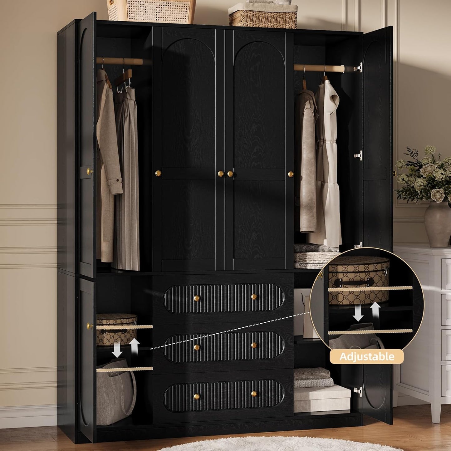 4 Doors Freestanding Armoire Wardrobe Closet, 72" Black Wardrobe Armoire Wooden Closet Large Capacity Storage with 3 Drawers & 3 Hanging Rod Shelves Clothes Organizer