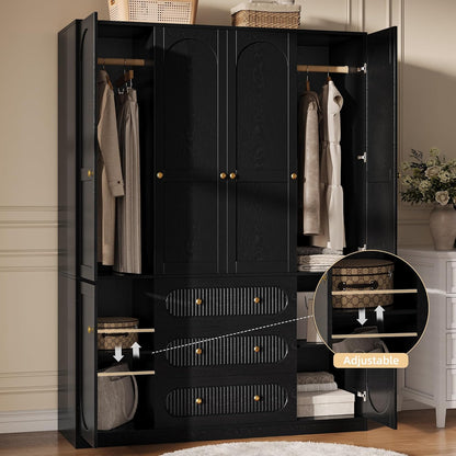 4 Doors Freestanding Armoire Wardrobe Closet, 72" Black Wardrobe Armoire Wooden Closet Large Capacity Storage with 3 Drawers & 3 Hanging Rod Shelves Clothes Organizer