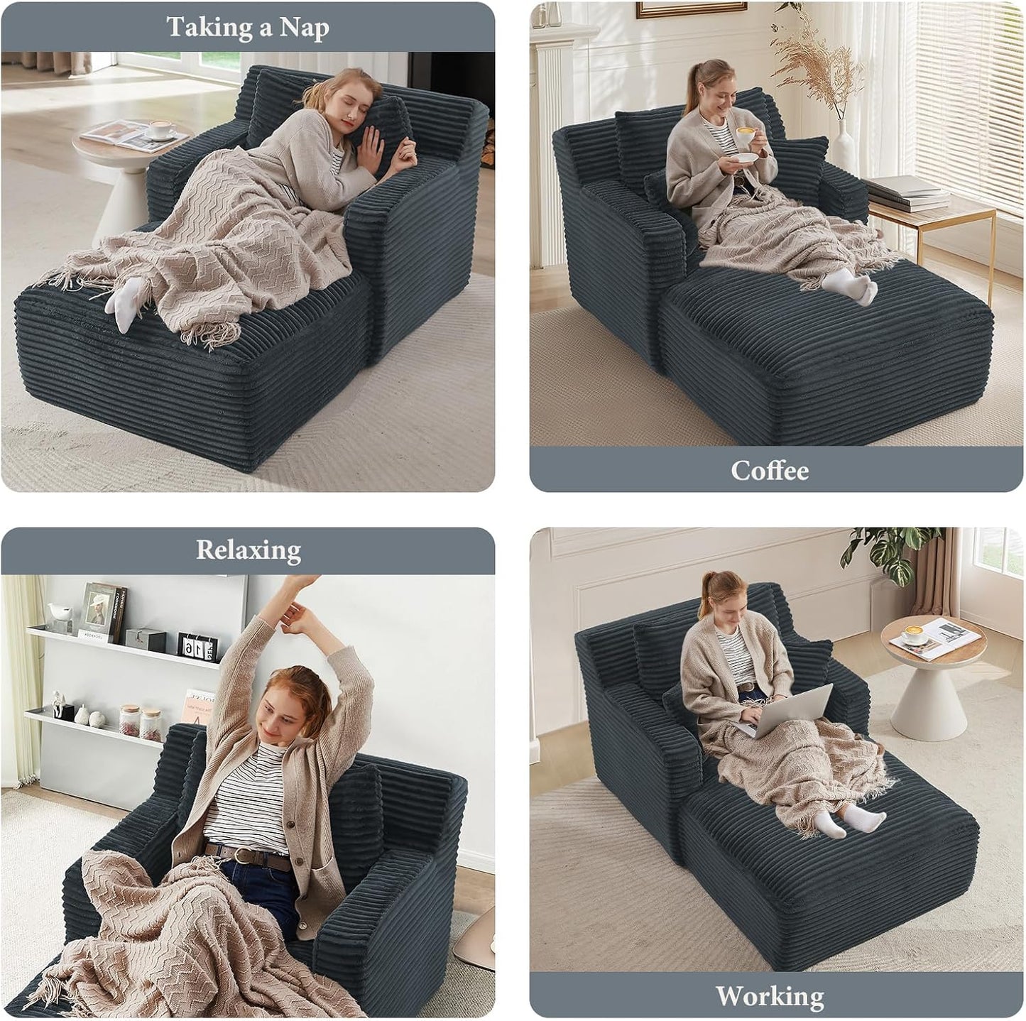 78.7" Chaise Lounge Chair Indoor, Oversized Boneless Couch Comfy Upholstered Sleeper Sofa Bed with 3 Pillows, Corduroy Cloud Reading Chair for Living Room No Assembly Required, Dark Grey