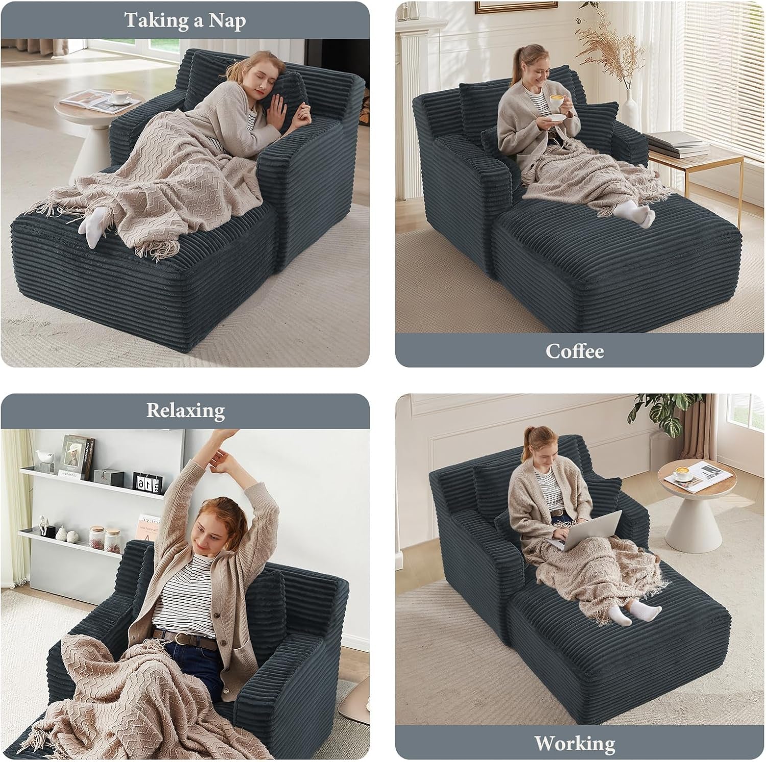 78.7" Chaise Lounge Chair Indoor, Oversized Boneless Couch Comfy Upholstered Sleeper Sofa Bed with 3 Pillows, Corduroy Cloud Reading Chair for Living Room No Assembly Required, Dark Grey