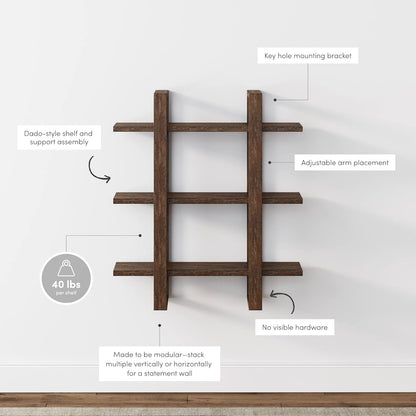 Floating Wall Book Shelves, 3-Tier Display Shelf, Decorative Modular Shelf in Solid Wood for Bedroom, Nursery, Bathroom or Kitchen, Set of 4