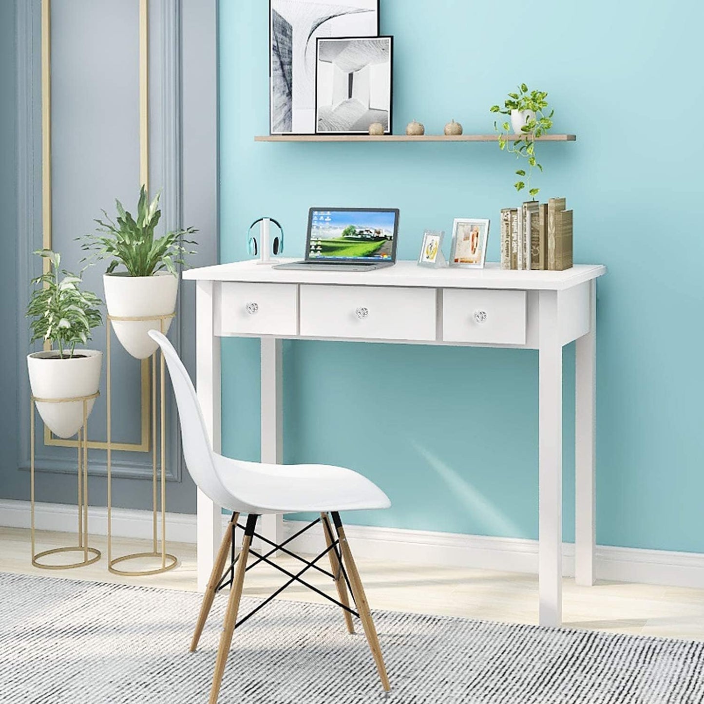 Home Office Small Writing Desk with Drawers Bedroom, Study Table for Adults/Student, Vanity Makeup Dressing Table save Space Gifts White (White)