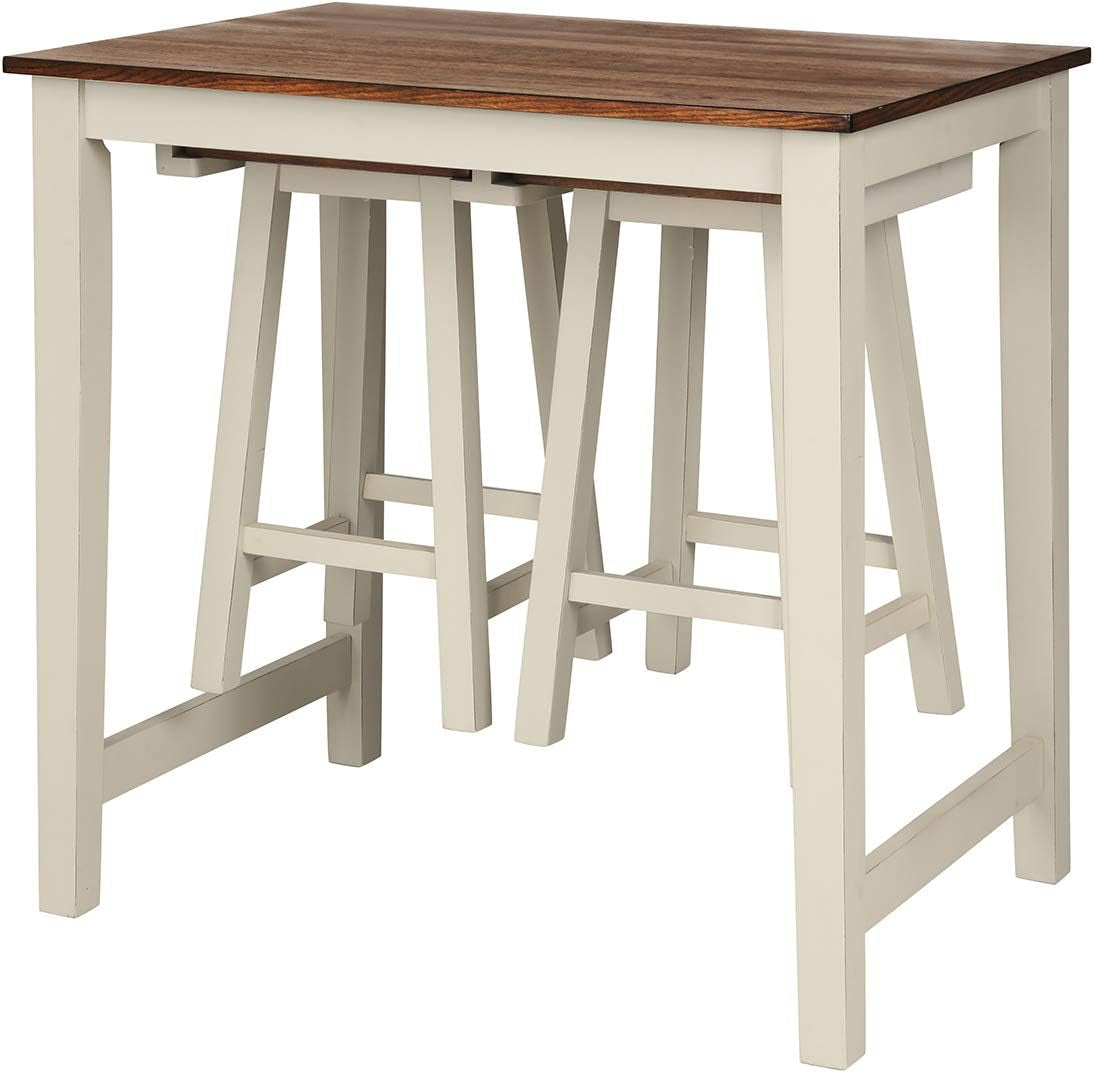 3 Piece Pub Dining Set, Counter Height Pub Table with 2 Saddle Bar Stools, Tavern Collection Table Set for Living Room, Kitchen, Small Space (Brown & Milky White)