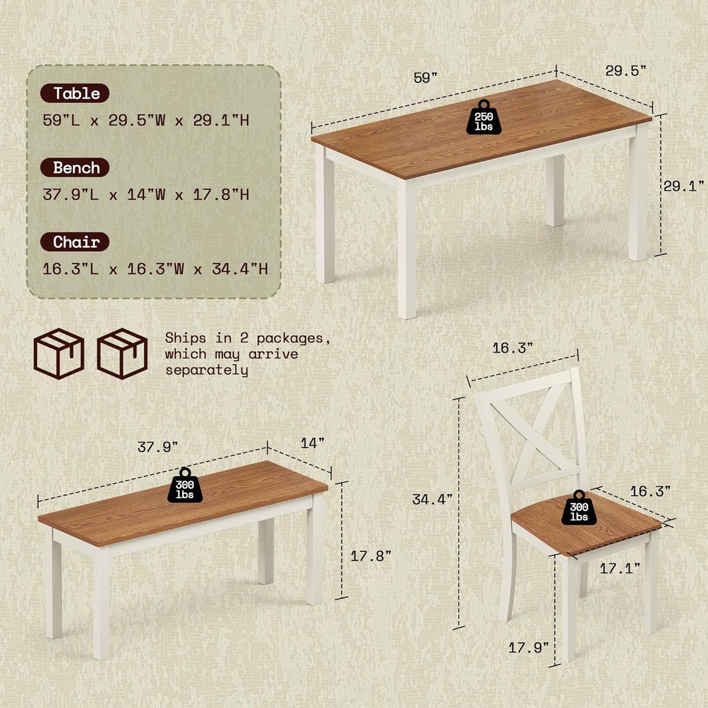 6-Piece Farmhouse Dining Table Set, 59" Wooden Table with 4 Chairs & Bench, Kitchen & Dining Room Set for 6, Space-Saving Rustic Dining Set, Walnut & Beige