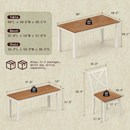 6-Piece Farmhouse Dining Table Set, 59" Wooden Table with 4 Chairs & Bench, Kitchen & Dining Room Set for 6, Space-Saving Rustic Dining Set, Walnut & Beige