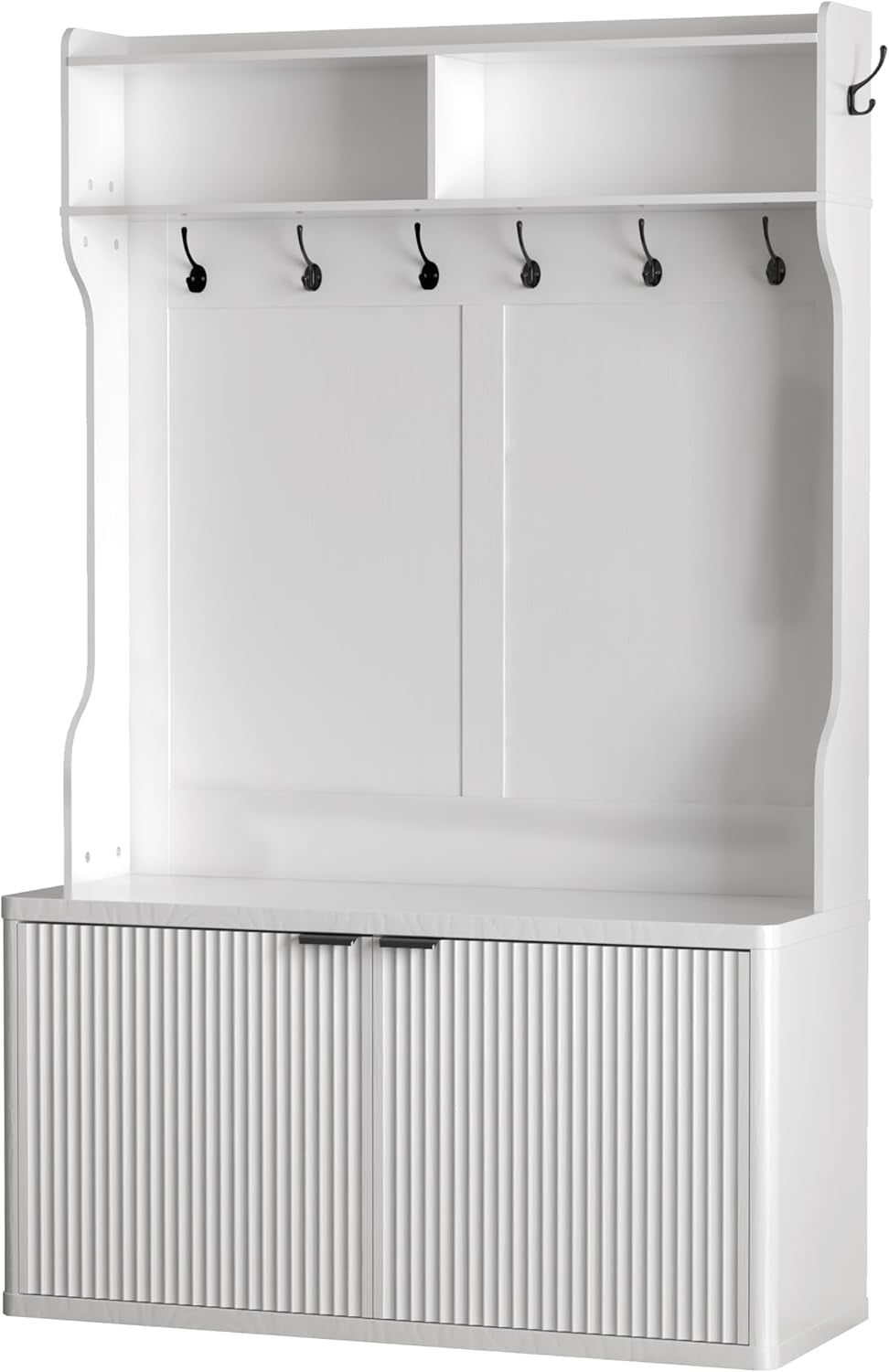 Hall Tree with Bench and Shoe Storage,42.5" W Morden Fluted Entryway Coat Rack with Shoe Bench Cabinet, Entryway Furniture, White Multi-Purpose Home Organizer,6 Coat Hooks