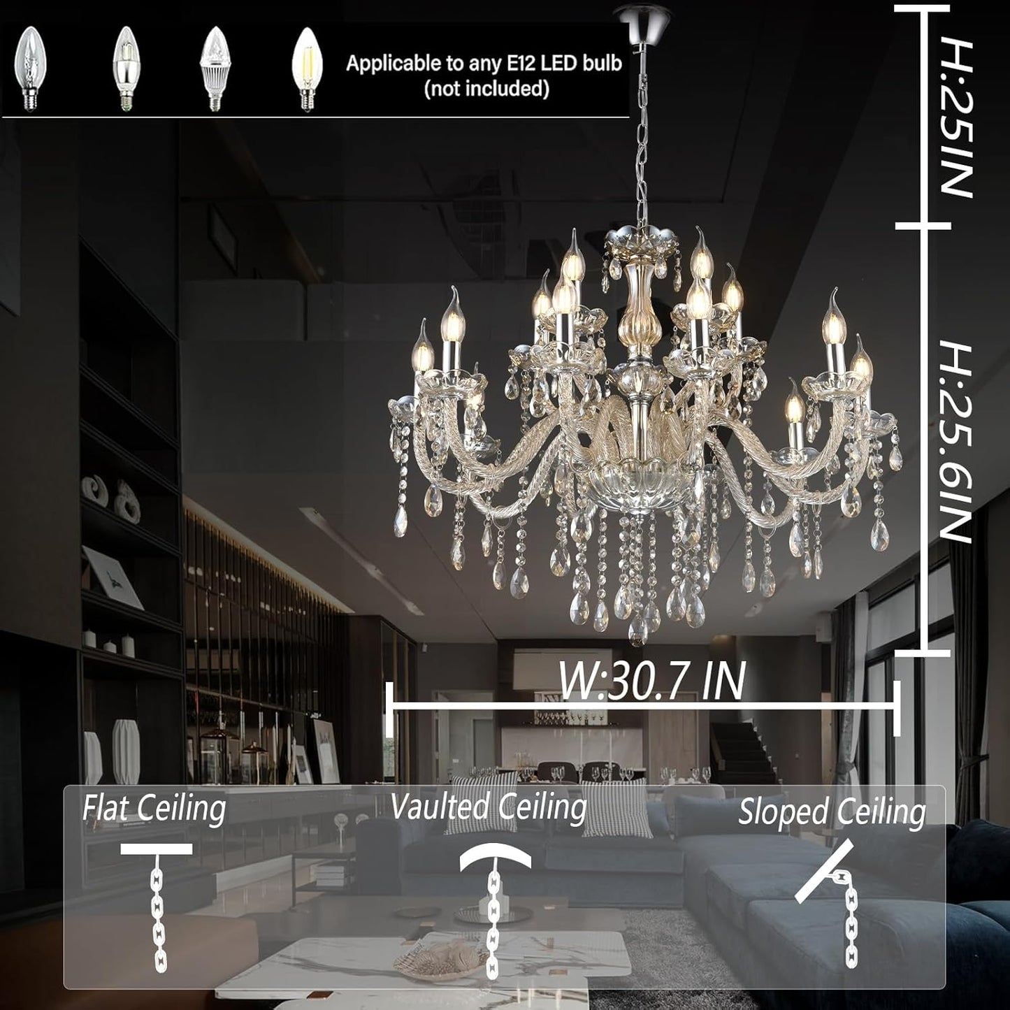 Luxury Cognac Large Crystal Chandeliers for High Ceiling,15-Light 30.7" Large Chandeliers for Dining Room,Living Room,Bedroom,Foyer,Staircase