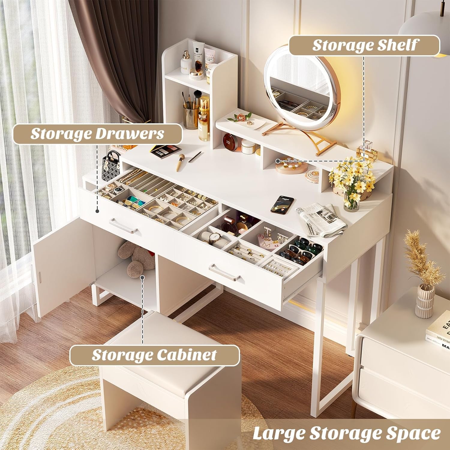 Vanity Desk, Small Vanity Desk with Power Outlet, Makeup Desk with Drawers and Cabinets, Vanity Set with Storage Shelves for Bedroom, No Mirror, White