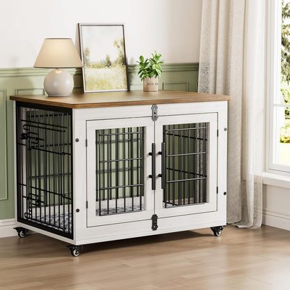 Dog Crate Furniture for Medium Dogs, 32'' Dog Kennel Indoor with Cushion & Wheels Wooden Dog Cage Double Doors Dog Crate End Table, White