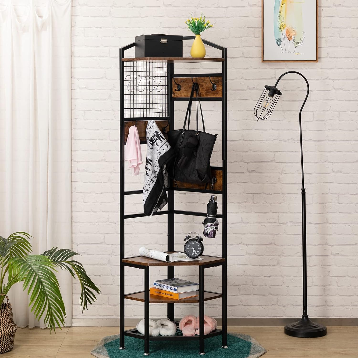 4-Tier Corner Industrial Hall Tree, Freestanding Entryway Coat Storage Rack with Hooks and Wooden Storage Shelves, Black
