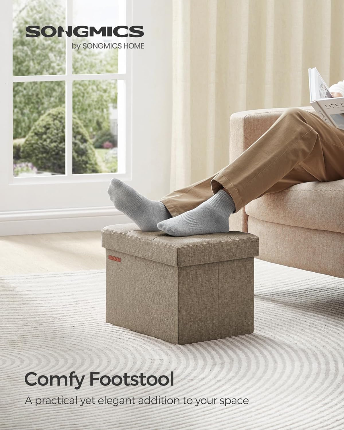 MAZIE Collection - Small Folding Storage Ottoman, Foot Rest Stool, 12.2 X 16.1 X 12.2 Inches, 286 Lb Load Capacity, for Living Room, Bedroom, Home Office, Dorm, Light Taupe ULSF102K01