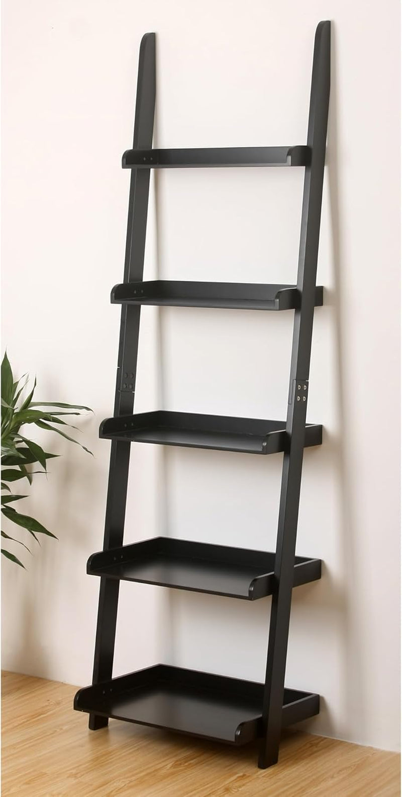 Modern 5 Tier Leaning Wall Ladder Bookshelf Organizer, Storage Rack, 70 Inches, Black