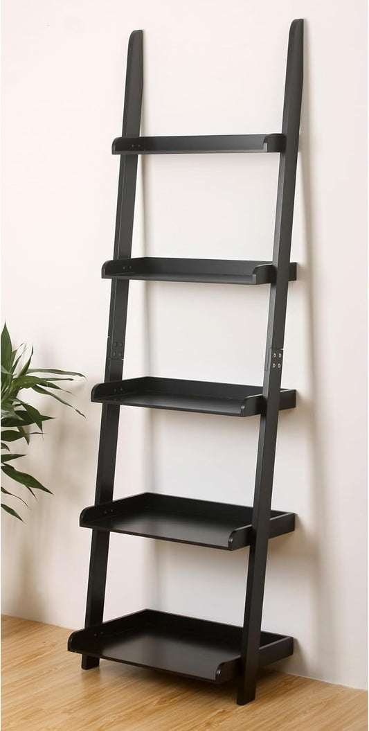 Modern 5 Tier Leaning Wall Ladder Bookshelf Organizer, Storage Rack, 70 Inches, Black