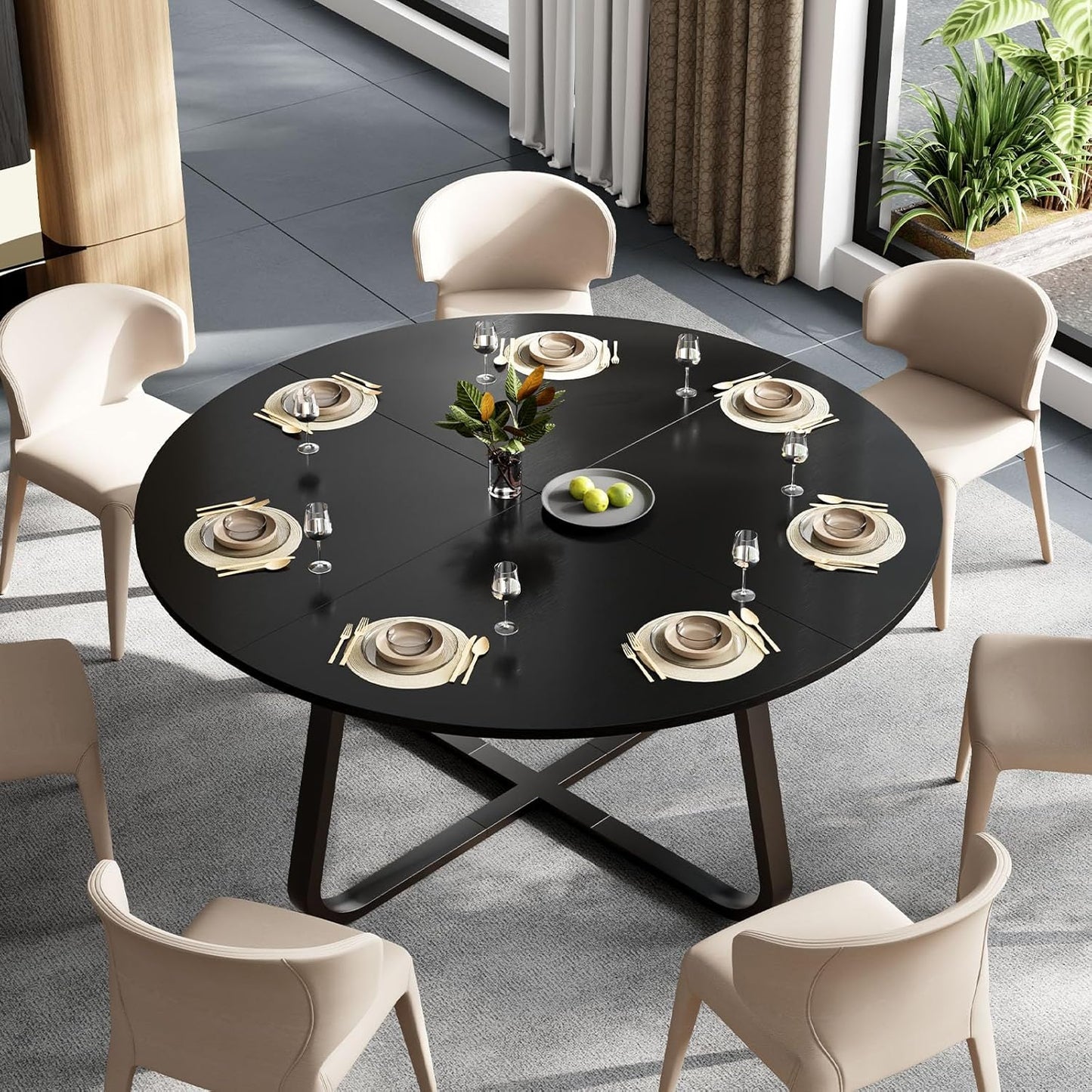 Black round Dining Table, Modern Wood Metal Kitchen Table, Industrial Small Dinner Room for 4 to 6 People, Circle Coffee Dining Room for Home Kitchen Living Room, Black Oak, 51 Inch