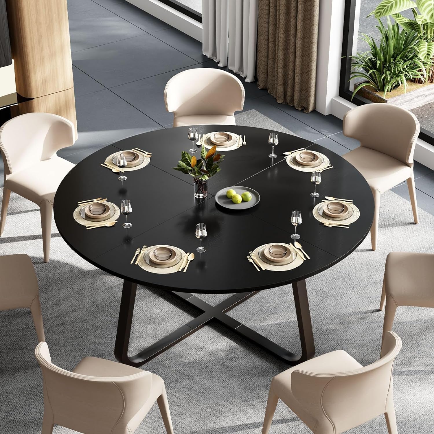 Black round Dining Table, Modern Wood Metal Kitchen Table, Industrial Small Dinner Room for 4 to 6 People, Circle Coffee Dining Room for Home Kitchen Living Room, Black Oak, 51 Inch