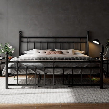 King Size Metal Platform Bed Frame with Victorian Classic Iron-Art Headboard & Footboard, Steel Slats Support, 12" under Bed Storage, No Box Spring Needed, Easy Assembly, Noise-Free, Black