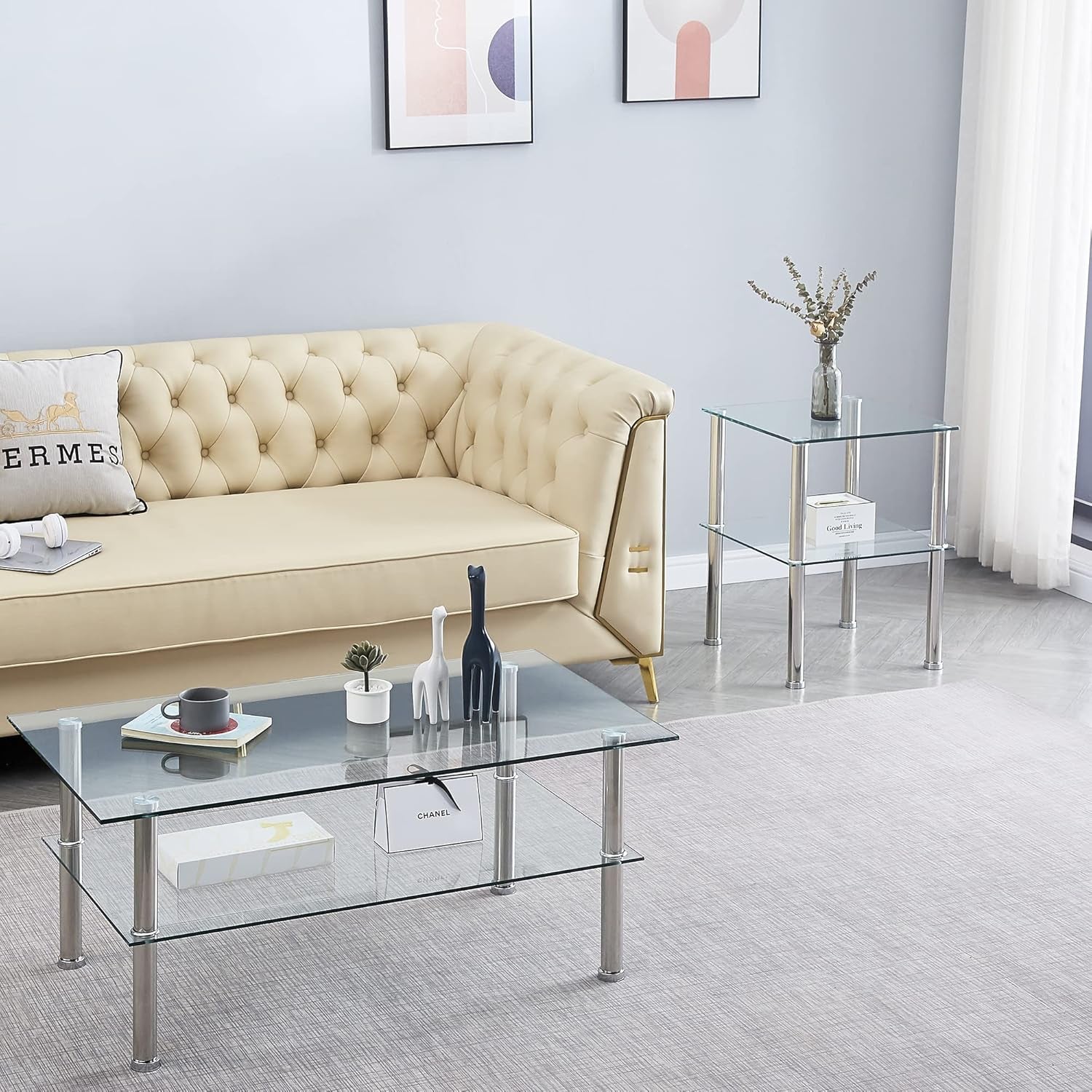 Glass Coffee Table Set of 3, Modern Clear Transparent Living Room Tables, Coffee Table and End Tables Set, Small Modern Waterfall Glass Table Set, 3PCS