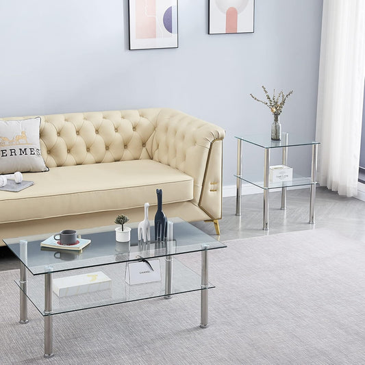 Glass Coffee Table Set of 3, Modern Clear Transparent Living Room Tables, Coffee Table and End Tables Set, Small Modern Waterfall Glass Table Set, 3PCS