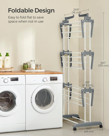 Clothes Drying Rack Stand 4-Tier, Foldable Laundry Drying Rack 68.1-Inch Tall, Steel, Rolling Clothes Horses Dryer Rack, Easy to Assemble, Indoor Outdoor Use, White ULLR701W01