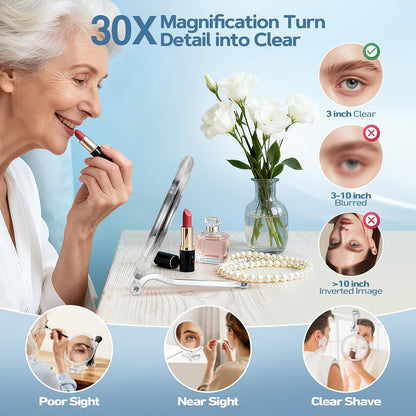 30X Magnifying Mirror for Travel with Handle, Double-Sided 1X/30X Magnification Hand Mirror for Makeup,Travel Mirror for Desk 5 Inches