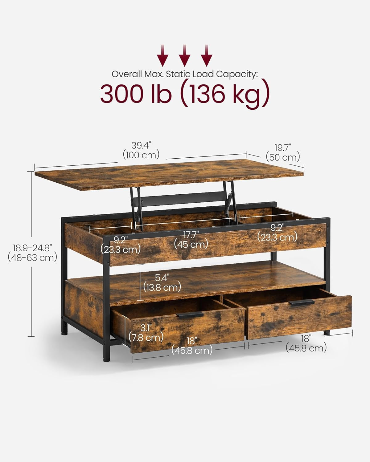 Lift Top Coffee Table with Storage Drawers, Coffee Table for Living Room with Lifting Top, Hidden Compartments and Open Shelf, Rustic Brown and Ink Black ULCT209K01