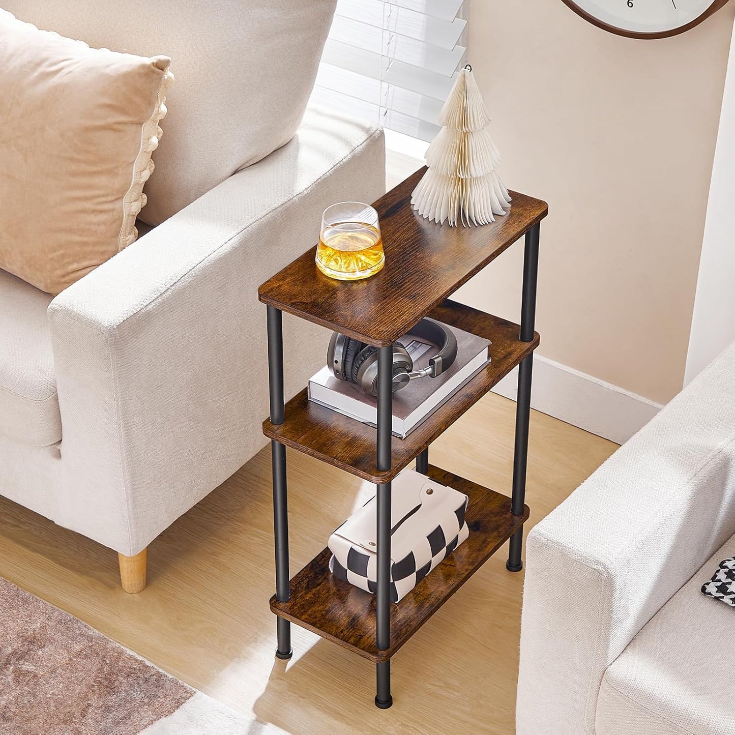Narrow Side Table, 3-Tier Slim End Table No Tools Needed, Twist-On Assembly, Skinny Nightstand Sofa Storage Shelf for Living Room, Bedroom, Study, Rustic Brown and Black BF246BZ01N1