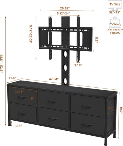 TV Stand with Mount, Fabric Dresser with 6 Drawers for 32/45/55/60/65/75 Inch Tvs, Black Dresser Entertainment Center, Modern Media TV Console Table