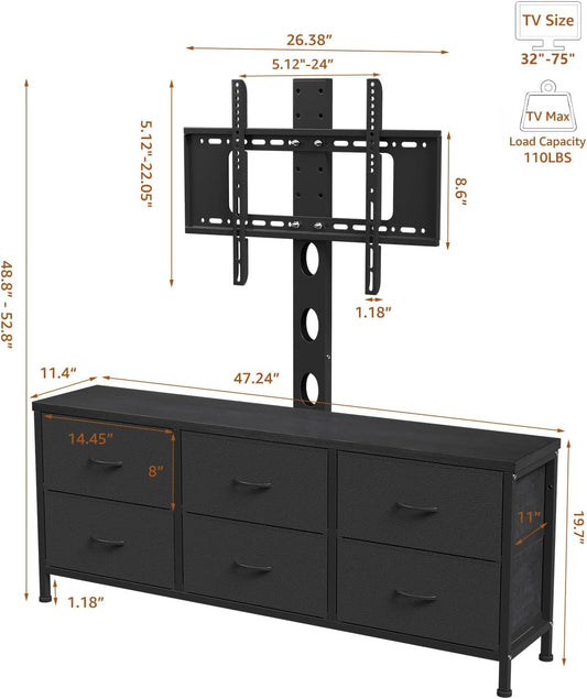 TV Stand with Mount, Fabric Dresser with 6 Drawers for 32/45/55/60/65/75 Inch Tvs, Black Dresser Entertainment Center, Modern Media TV Console Table